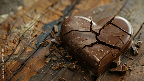 A chocolate heart is broken into pieces on a wooden table