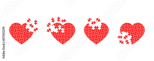 Set of heart puzzle vector icons. Broken pieces jigsaw in love shape. Red puzzle hearts with missing elements. Vector 10 Eps.