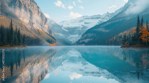 Tranquil lake reflecting towering mountains