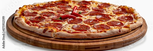 Pepperoni Pizza, Traditional Italian Diabolo Pizza Flatbread on Wood Plate with Salami, Chili Pepper