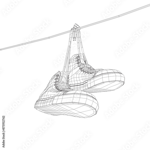 Wireframe Sneakers hanging from a rope on the white background. Vector illustration. 3D.