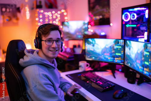 Smiling cybersport streamer gaming with dual monitors, wearing a headset, in a room lit with colorful lights and a cozy ambiance. Game streaming