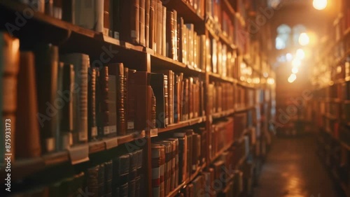 Rows of books in a college, university or school educational library background. Old textbooks on bookshelves. Concept of knowledge, education and learning. Dark academia style.