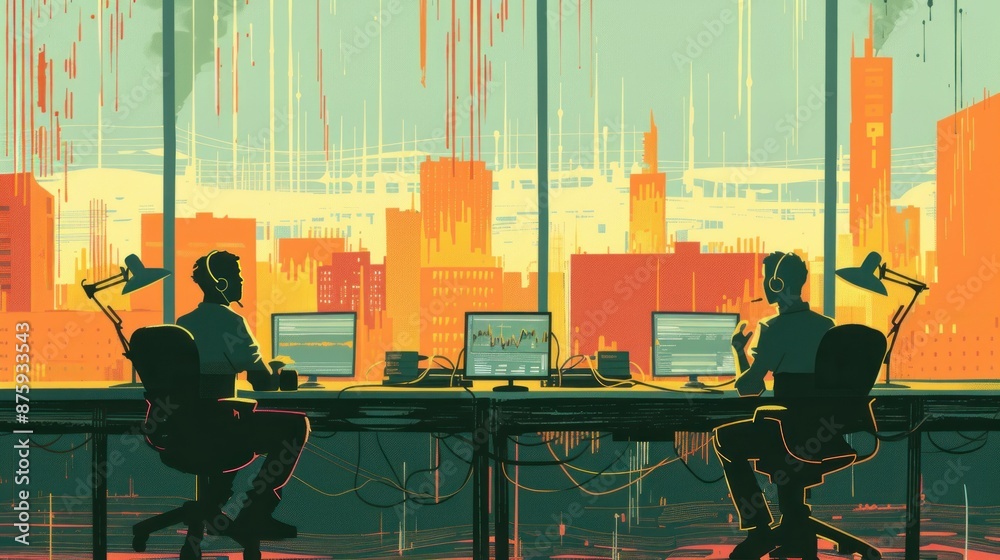 Two Silhouettes Working in a Cityscape Office Two Silhouettes Working in a Cityscape Office
