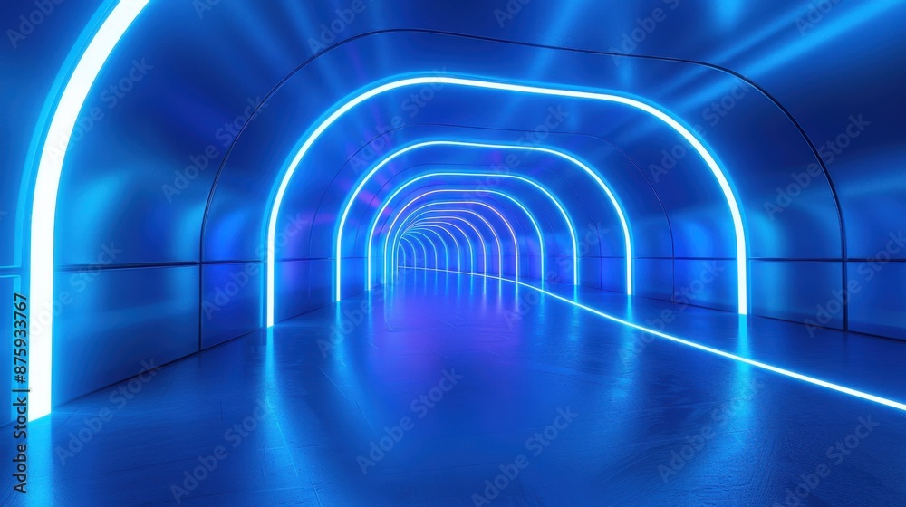 Naklejka premium Futuristic neon-lit tunnel with a cool blue hue, featuring sleek, curved walls and a dynamic perspective, 3d rendering.
