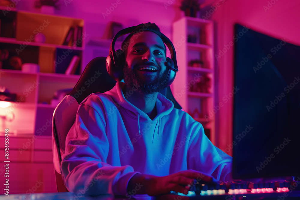 Portrait of happy gamer streamer with a headset enjoys online gaming at home, illuminated by vibrant pink and blue lights in a cozy setup. Cybersport streaming Portrait of happy gamer streamer with a headset enjoys online gaming at home, illuminated by vibrant pink and blue lights in a cozy setup. Cybersport streaming