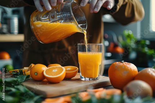 man pouring orange juice into glass in kitchen