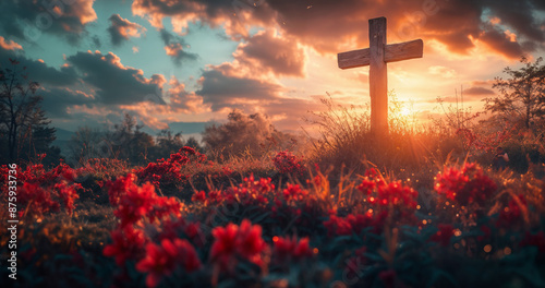 The sun setting over a field of flowers with a cross in the distance. Sacrifice and loss. Pink and blue sky. Sunset or sunrise. Religion. photo