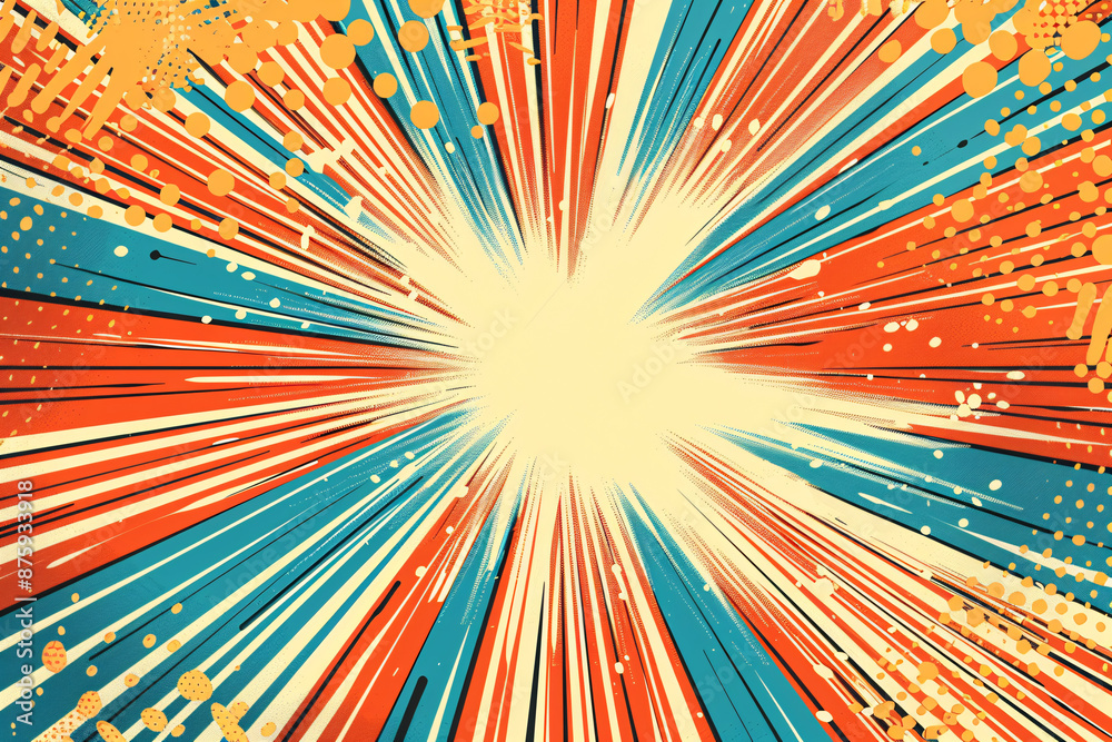 A retro comic-style explosion burst with bright red orange and blue colors and dynamic lines radiating from a central point creating drama A retro comic-style explosion burst with bright red orange and blue colors and dynamic lines radiating from a central point creating drama