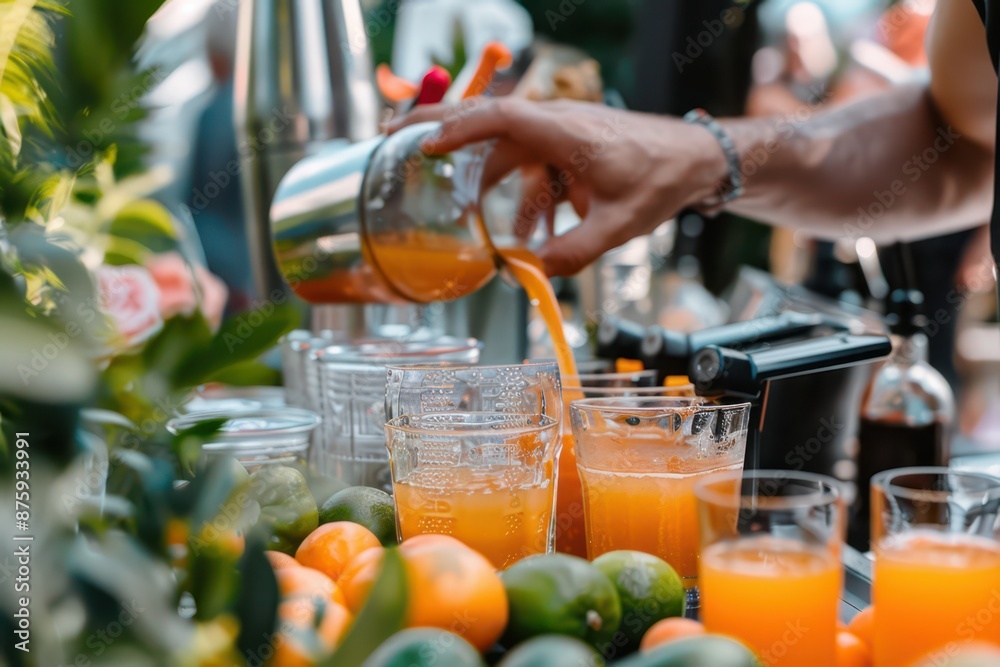 man pouring orange juice into glass in kitchen