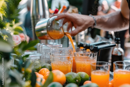Obraz na płótnie man pouring orange juice into glass in kitchen w salonie