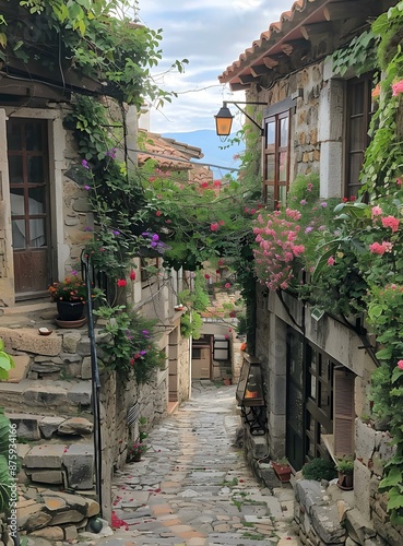 A narrow alley with stone houses and flowers