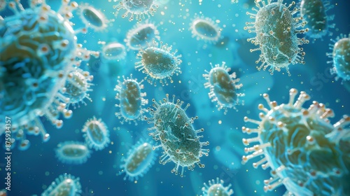 Large groups of germs with blue background, 3d rendering. Swirling clusters of germs set against a vivid blue background, highlighting their diverse shapes and intricate details.