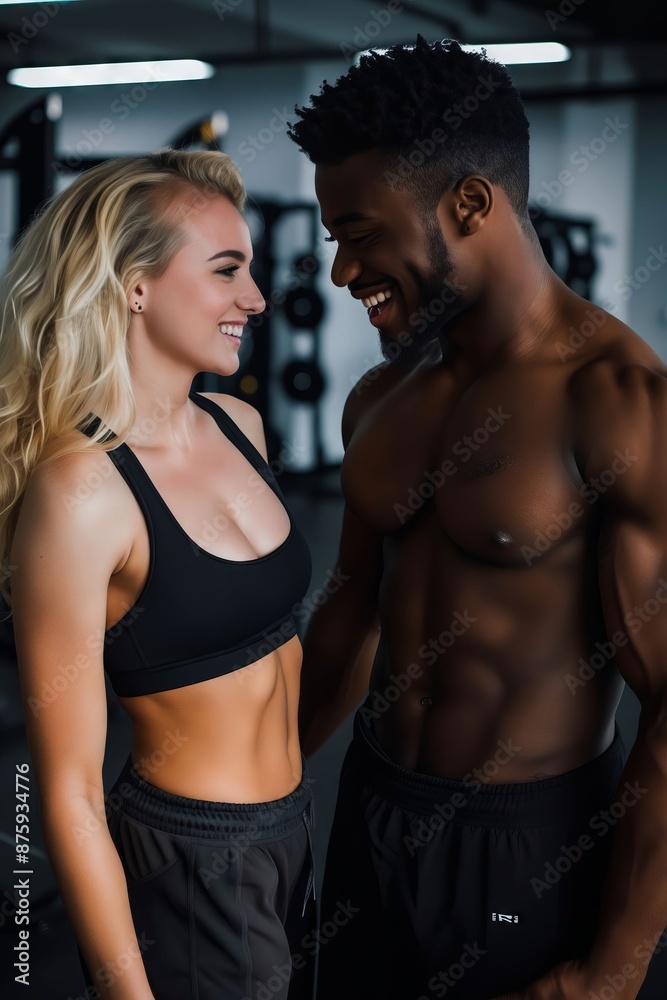 Fototapeta premium A young black man and woman in the gym.