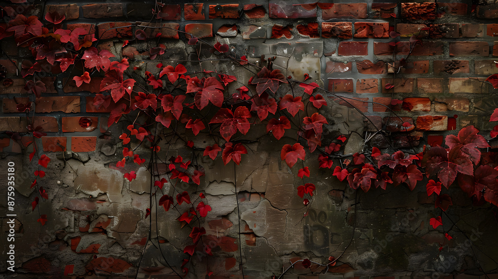 Fototapeta premium A brick wall covered in red ivy