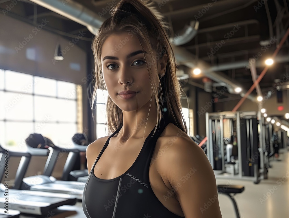 A young woman in a gym top.