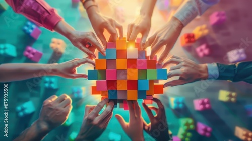 Diverse hands coming together to build a colorful puzzle, symbolizing teamwork and collaboration in a creative and vibrant setting.