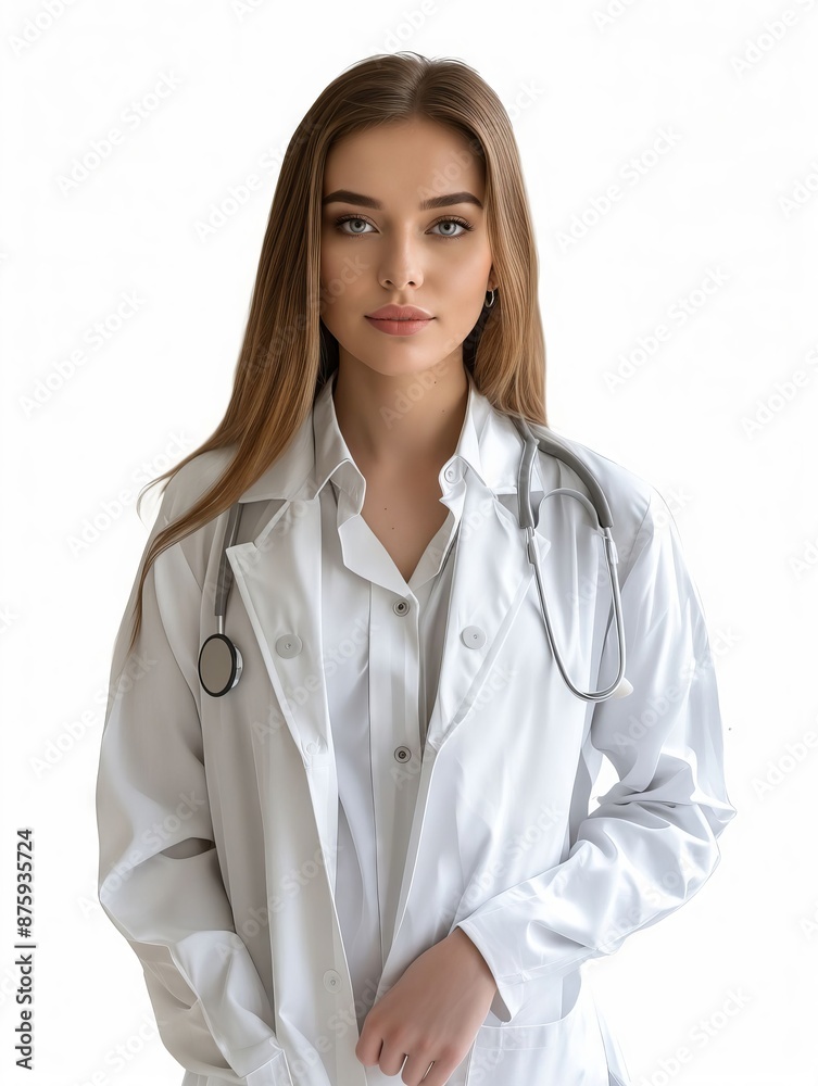 A young woman in white coat with stethoscope. A young woman in white coat with stethoscope.