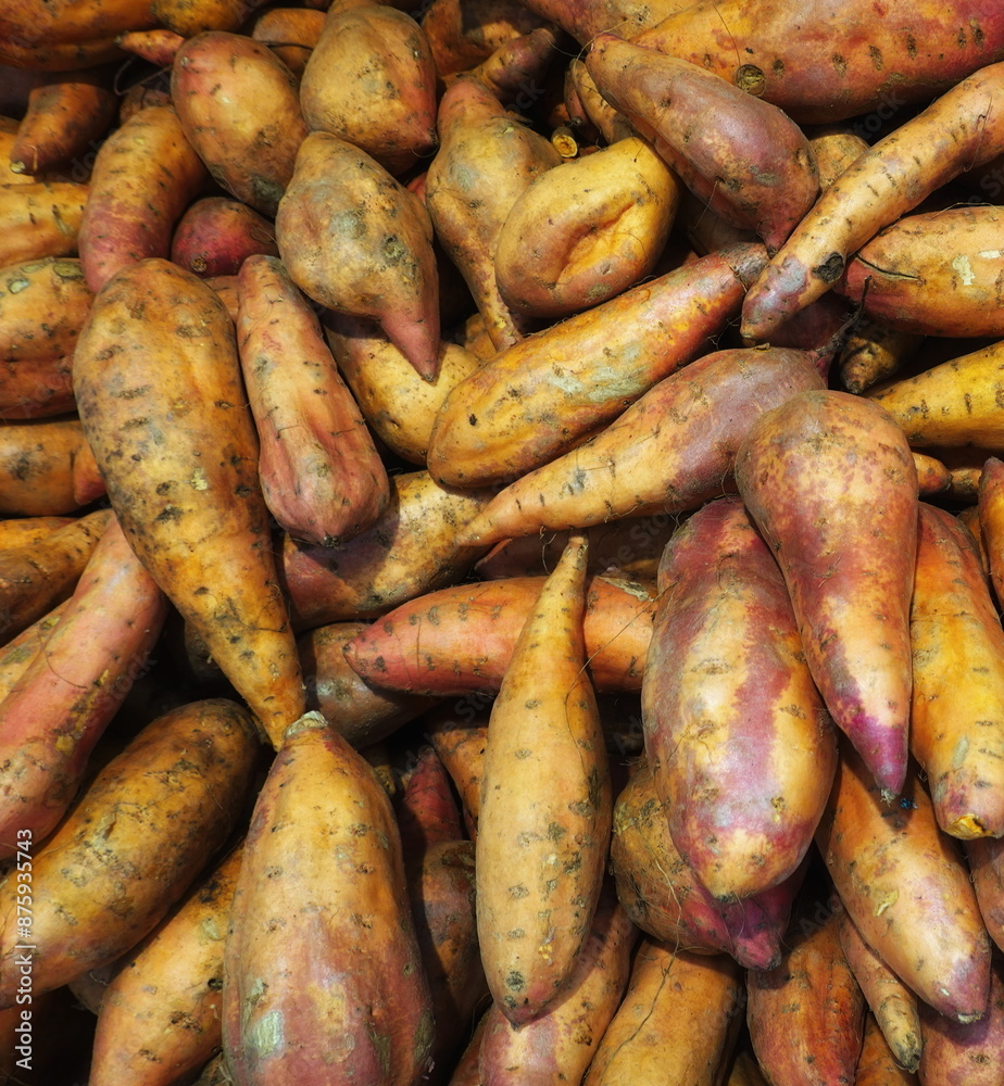 Pile Of Sweet Potatoes Market Close-Up View Pile Of Sweet Potatoes Market Close-Up View