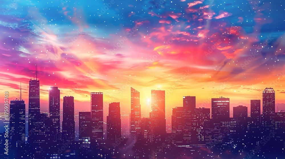 Vibrant Cityscape at Sunset with Silhouetted Skyscrapers - Urban Evening Glow in Metropolis