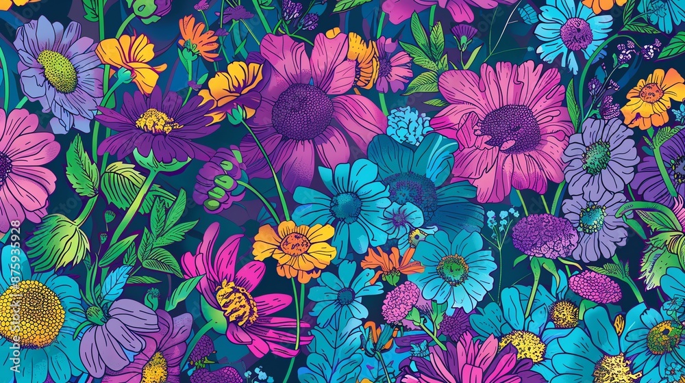 A seamless pattern of flowers and leaves in yellow, orange, pink, and blue on a dark blue background. A seamless pattern of flowers and leaves in yellow, orange, pink, and blue on a dark blue background.
