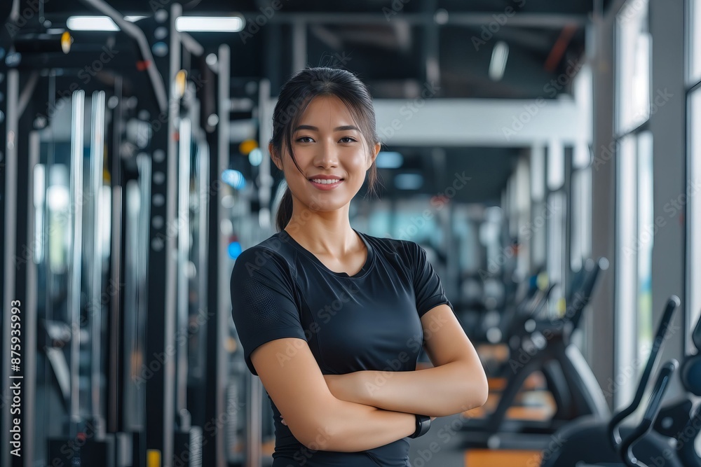 Asian woman in black shirt standing in the gym. Asian woman in black shirt standing in the gym.