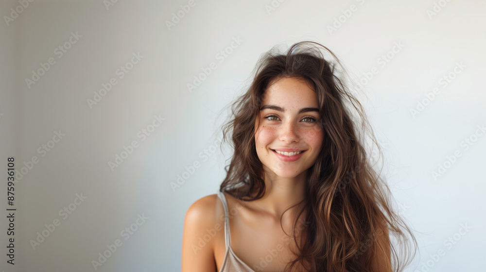 Happy brunette smiling. Young woman smiling, looking at the camera. White background. Bokeh effect. AI generative Happy brunette smiling. Young woman smiling, looking at the camera. White background. Bokeh effect. AI generative