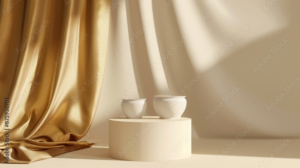 Minimalist Still Life with Golden Drapes and White Pots