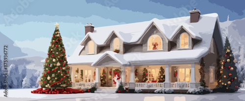 A festive decorated home design surrounded by snow, perfect for Christmas t-shirt designs, featuring holly, mistletoe, and festive decor.