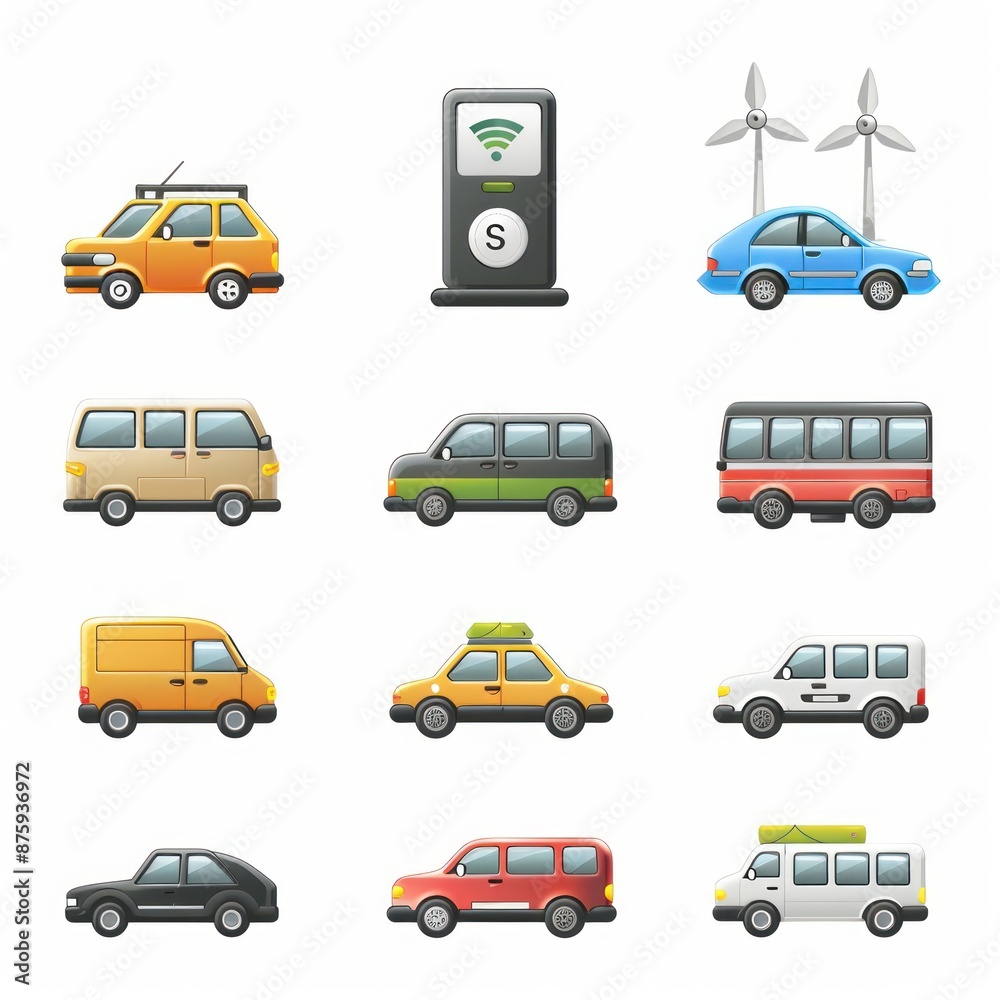 Transportation Icons Set: Cars, Vans, and Buses