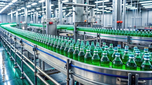 Conveyor belt, juice in bottles on beverage plant or factory interior in blue color, industrial production line
