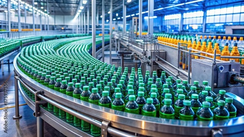 Conveyor belt, juice in bottles on beverage plant or factory interior in blue color, industrial production line