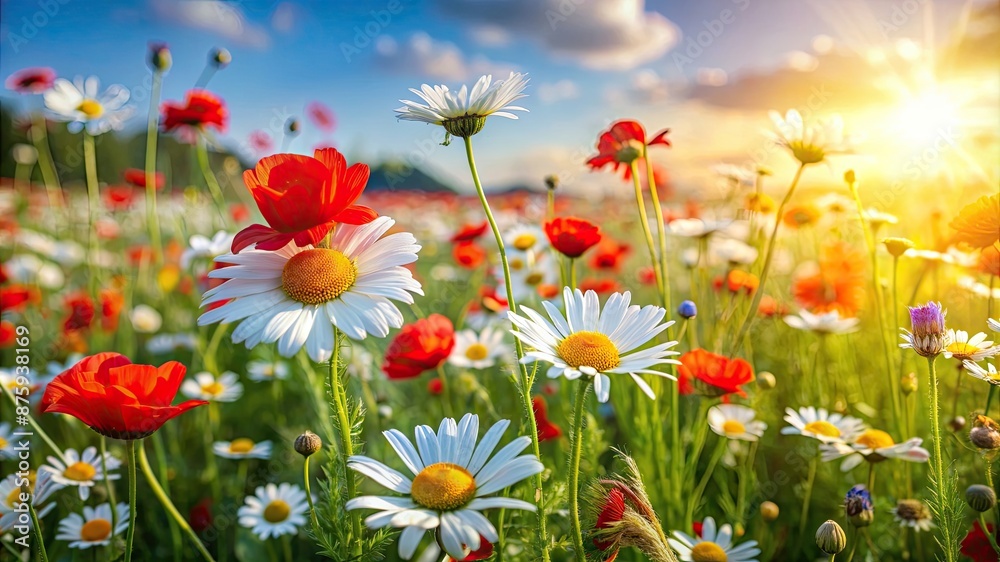 Daisies and poppies on sunny spring meadow. Horizontal close-up with short deep of focus. Natur background concept for leisure and ecology with space for text and design. Daisies and poppies on sunny spring meadow. Horizontal close-up with short deep of focus. Natur background concept for leisure and ecology with space for text and design.