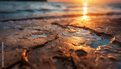 Close-up of Worn Textures on a Tropical Beach at Sunset with Soft, Warm Glow, Golden Hour, Seashells, Sand, Water, Shore, Sun, Ocean, Sunset, Beach, Coastal, Tropical, Exotic, Nature, Landscape,