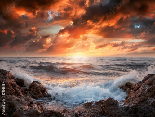 Dramatic Sunset Over Rocky Coastline with Waves Crashing and Glowing Sky, A Stunning View of Nature's Beauty with Vivid Colors, Textured Rocks, and an Exotic Feel