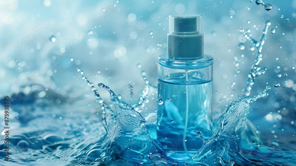 Photo of Splash cosmetic Moisturizer Water Micellar Toner or Emulsion on blue abstract background.