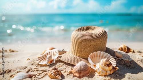 A straw hat lies on the beach with seashells around it, with the ocean and sky in the background.