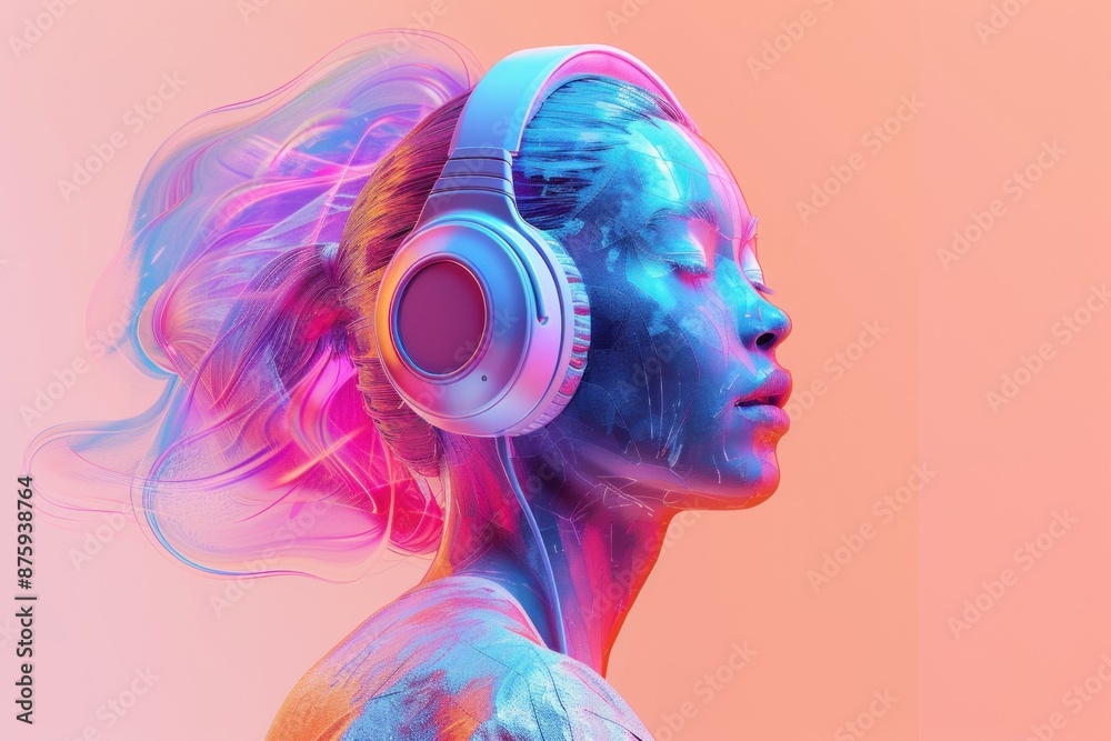 A whimsical 3D portrait of a person with a human body and a colorful, oversized headphone as the head The side view captures the playful design and the realistic human anatomy The background is a