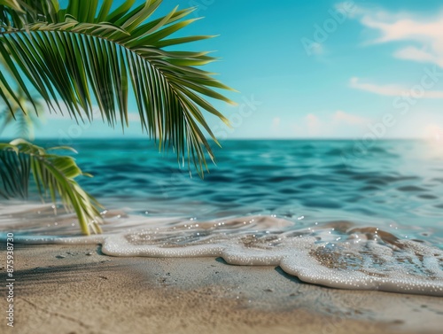 Fototapeta Naklejka Na Ścianę i Meble -  Serene Tropical Beach with Soft Sunlight Illuminating Palm Fronds and Crystal Clear Waves A Perfect Paradise Getaway for Relaxation and Tranquility