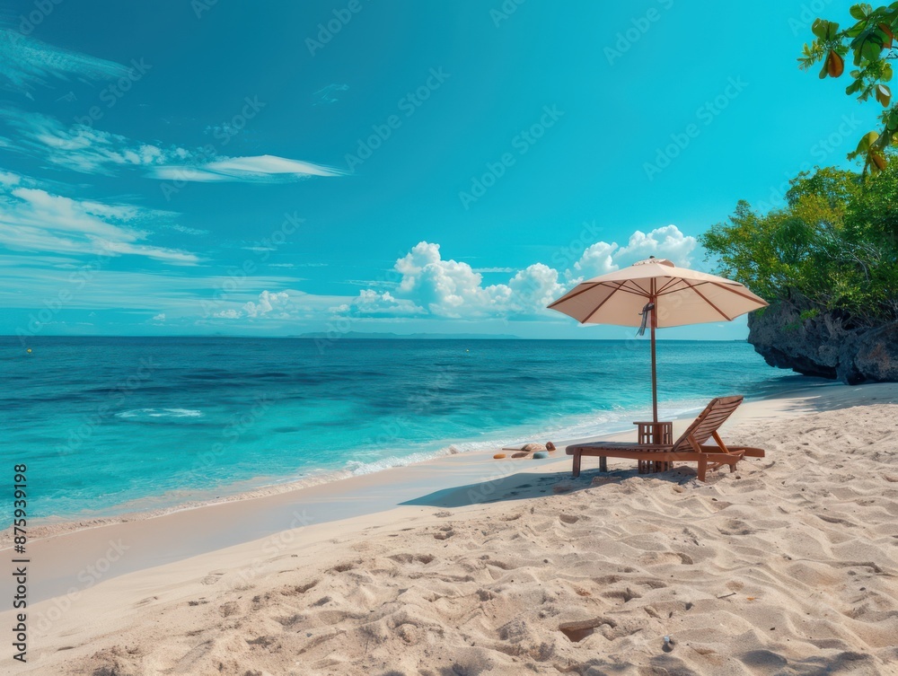 Fototapeta premium Tranquil Seaside Escape White Sand Beach, Crystal Clear Water, and Lush Tropical Foliage Perfect for Relaxation and a Tropical Getaway Experience Serenity on This Pristine Shore, With Vibrant Colors