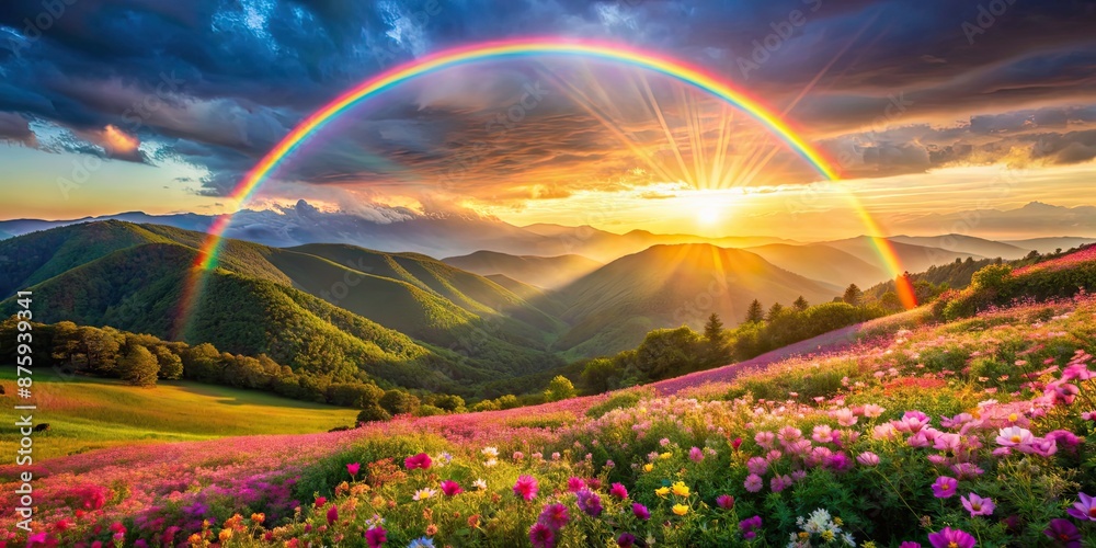 Vibrant rainbow stretching across the sky over hills covered in blooming flowers at sunrise , rainbow, vibrant, colorful Vibrant rainbow stretching across the sky over hills covered in blooming flowers at sunrise , rainbow, vibrant, colorful