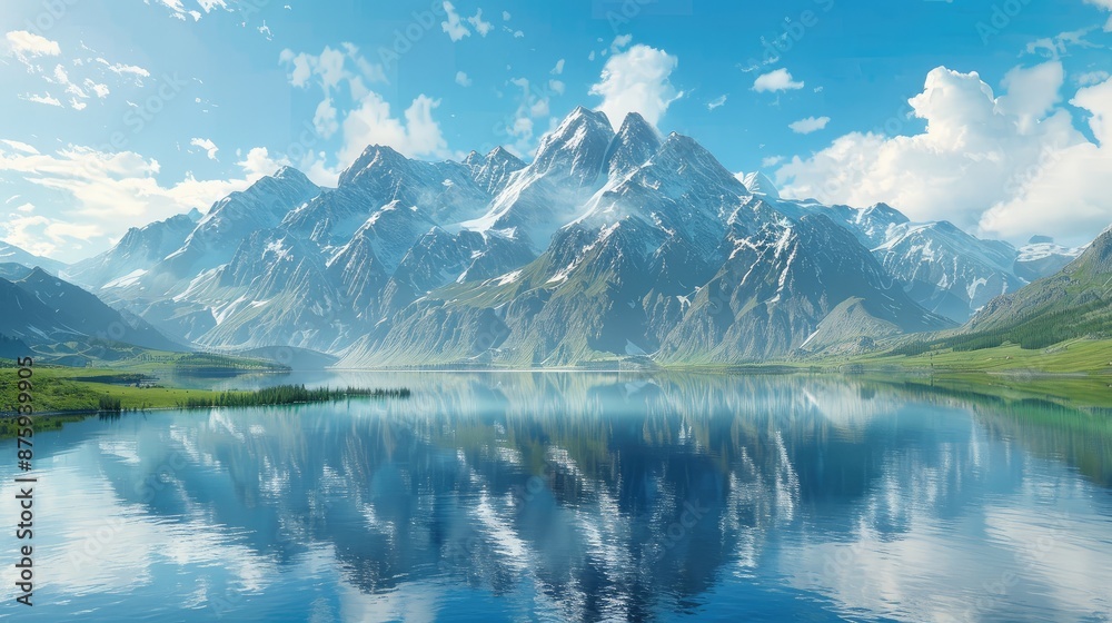 Tranquil lake reflecting towering mountains