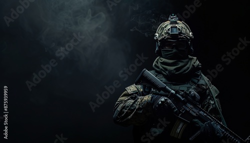 Mysterious Armed Figure in Camouflage Gear Holding Rifle in Dark Room, Concept of Anti-Terrorism Fight
