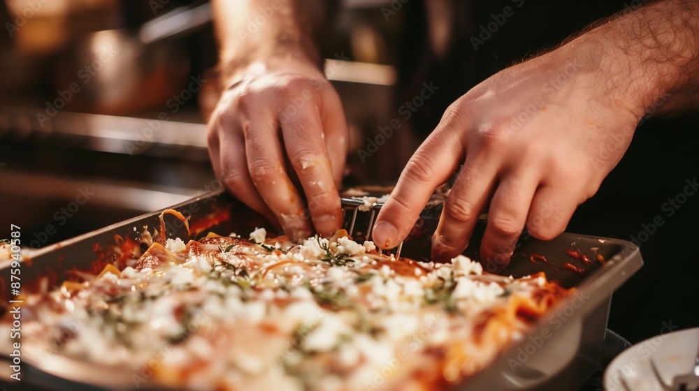 close up of a chef hands layering ingredients for a classic lasagna in a baking dish close up of a chef hands layering ingredients for a classic lasagna in a baking dish
