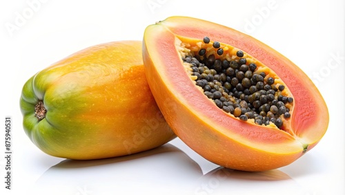 Ripe papaya fruit with sweet and juicy orange flesh on a white background, papaya, tropical, fruit, vibrant, colorful, fresh