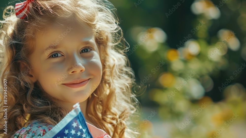 little girl with long curly blond hair holding an american flag