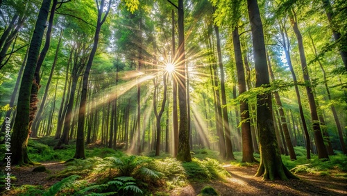 Sunlight filtering through dense forest canopy, creating stunning natural patterns on the forest floor, sunlight, trees, branches © Sujid