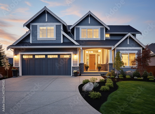 A Serene Evening at a Grey-Shingled Suburban Home