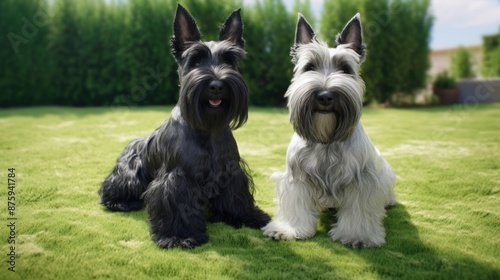 Pair of black and white (wheaten) scottish terrier, sitting on green grass lawn photo