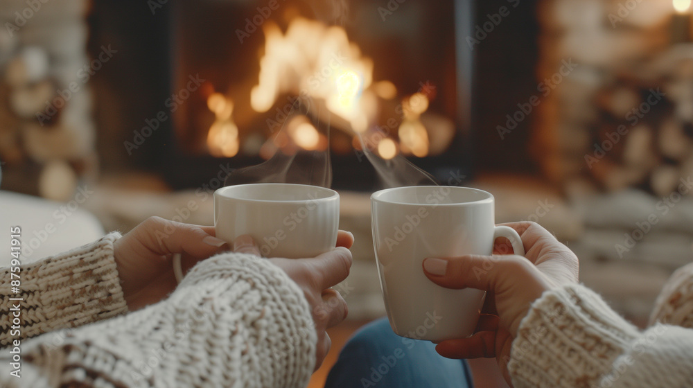 Couple are holding cups of coffee and toasting to each other. The scene is cozy and warm, with a fireplace in the background